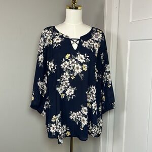 Maurices Navy Blue Floral Blouse ~ Women's Size XL ~ 3/4 Sleeve EUC!!